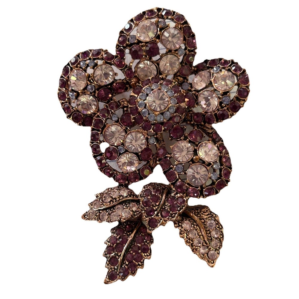 Beautiful Purple Rhinestone Flower Unsigned Brooch Pin